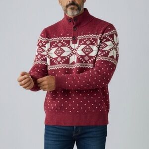 American Eagle Men’s Red Fair Isle Henley Nordic Knit Winter Holiday Sweater